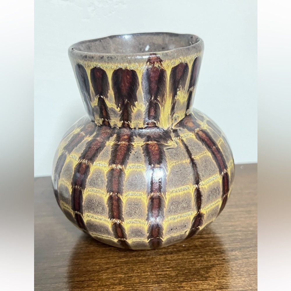 VTG W German Pottery FAT LAVA Style Vase | Brown & Gold Grid Net Glaze MCM 3”x2”